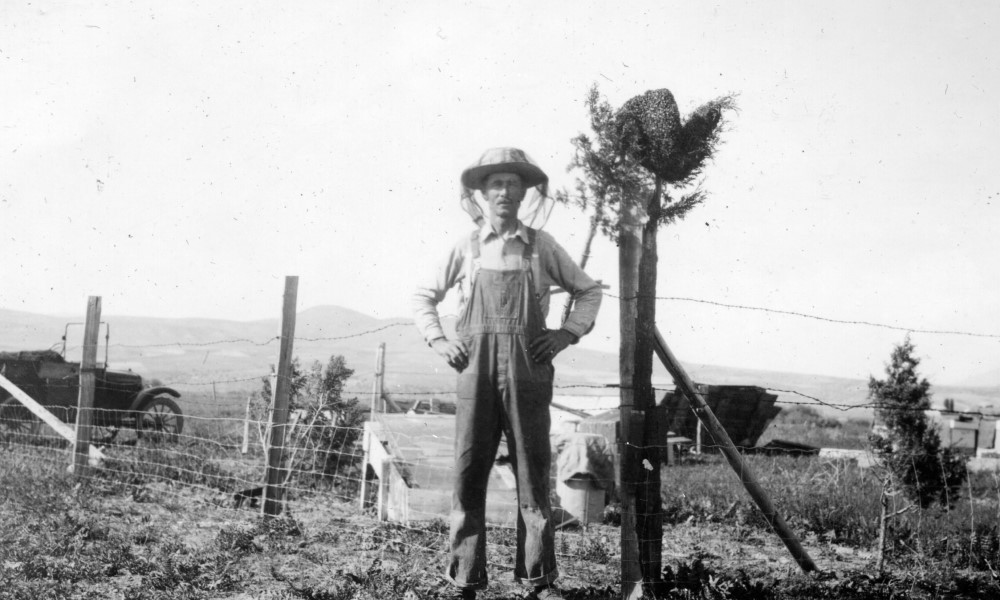 Black and white image of a man wearing bee netting standing beside a beehive on a post