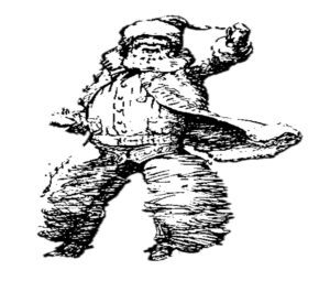 Black and white sketch of Santa Claus wearing western chaps. He's raising his hand to wave