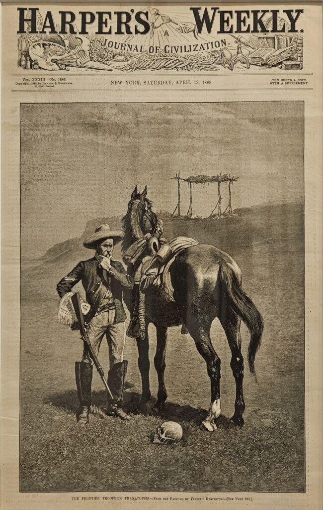 Sepia magazine cover of Harper's Weekly, August 1889. Image shows a wood engraving of a man dressed in a cavalry uniform standing next to a horse. The man has his hand on his mouth facing the viewer with the horse facing away. A human skull is at the horse's feet.